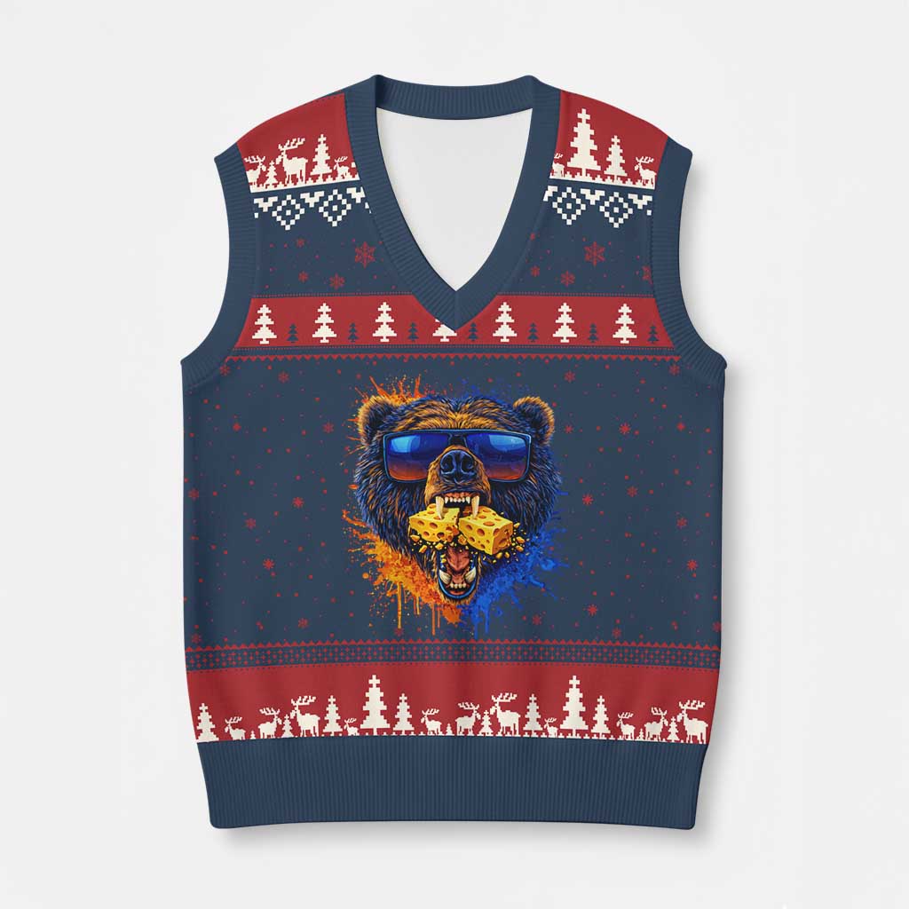 Angry Bear Lets Eat Cheese V-Neck Knit Sweater Vest CFB Game Day Sport Fan TS10 Navy Red Print Your Wear