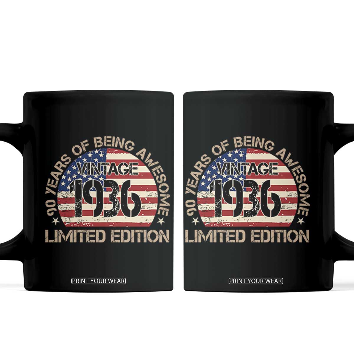 90th Birthday Coffee Mug Vintage 1936 90 Year Old Birthday USA Flag TS10 Black Print Your Wear
