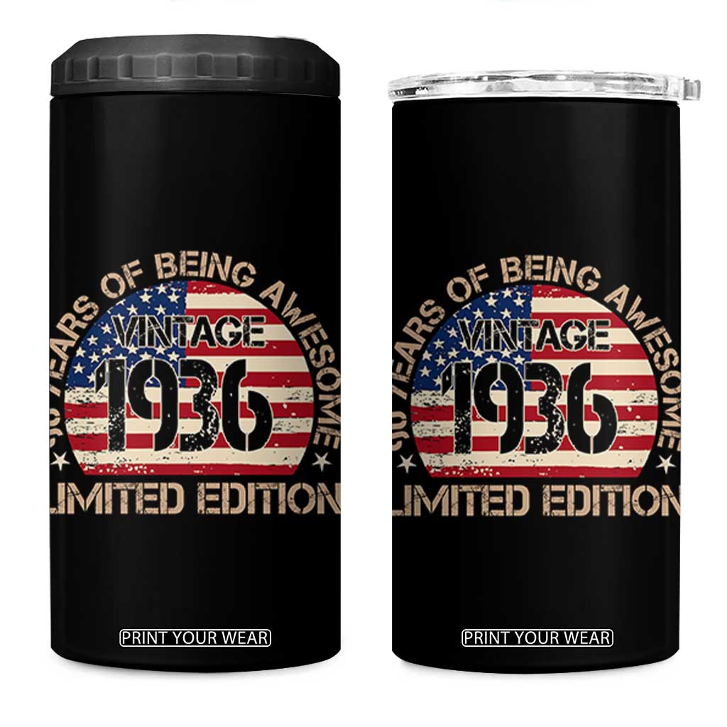 90th Birthday 4 in 1 Can Cooler Tumbler Vintage 1936 90 Year Old Birthday USA Flag TS10 One Size: 16 oz Black Print Your Wear