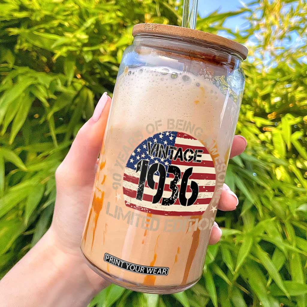 90th Birthday Glass Can Vintage 1936 90 Year Old Birthday USA Flag TS10 Black Print Your Wear