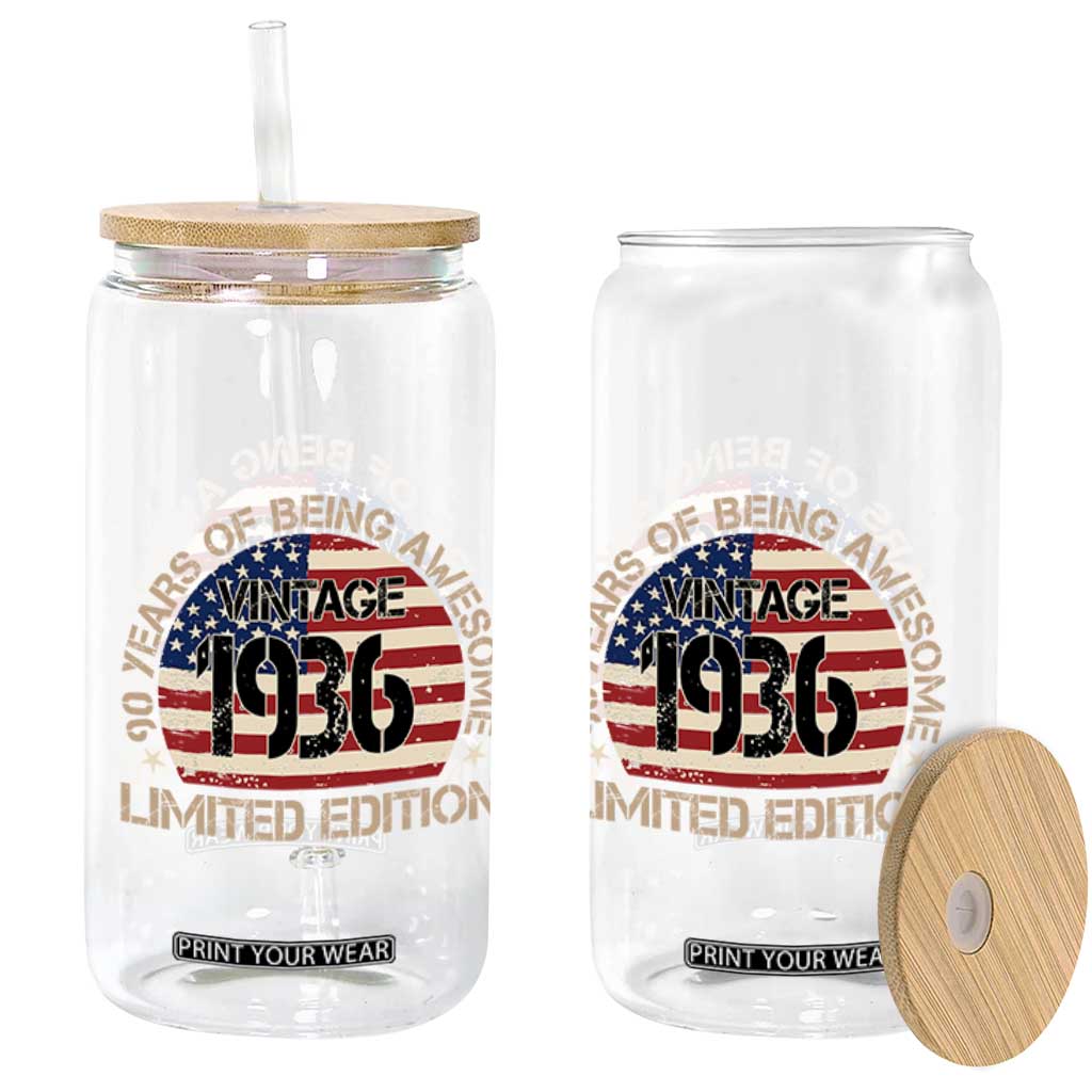 90th Birthday Glass Can Vintage 1936 90 Year Old Birthday USA Flag TS10 Print Your Wear