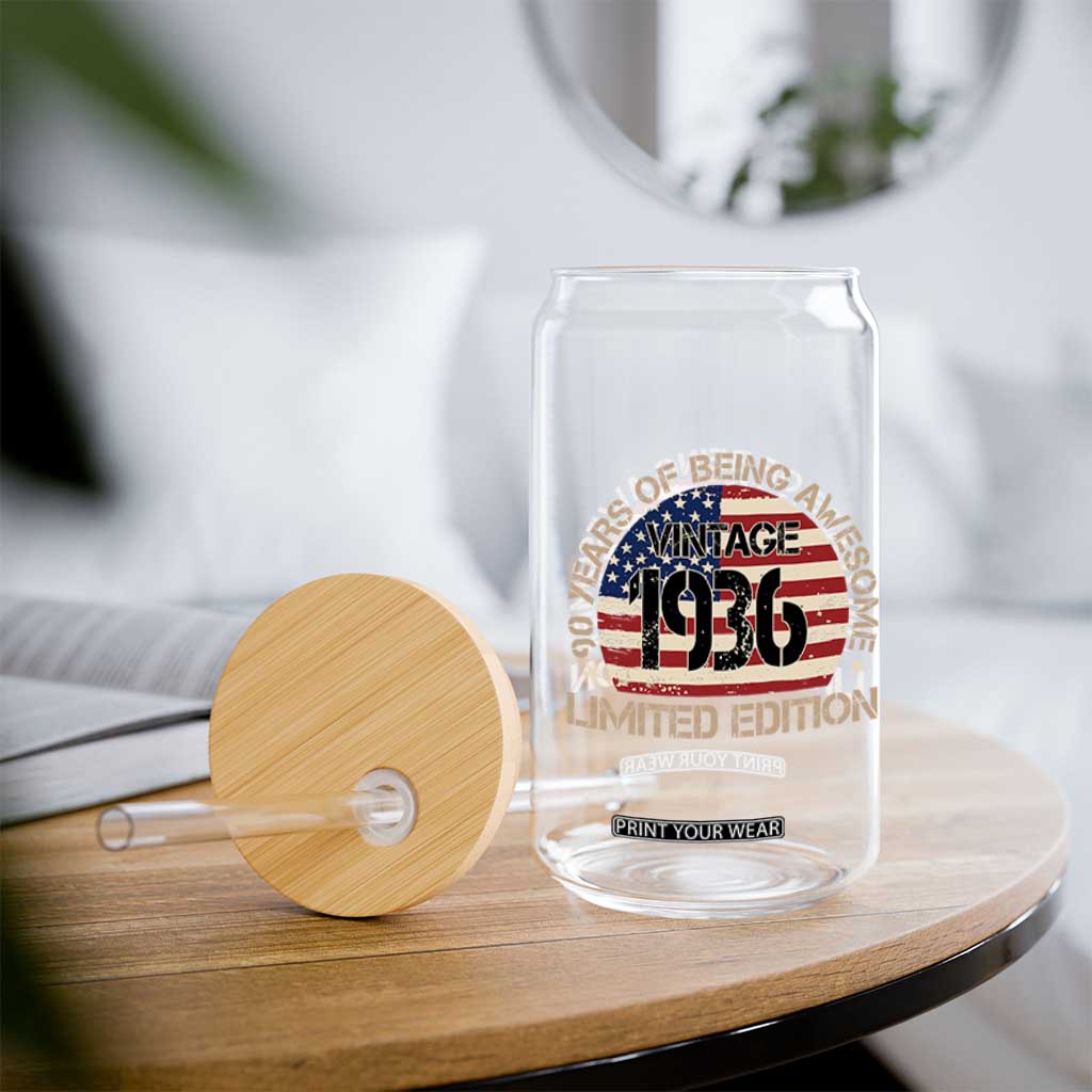 90th Birthday Glass Can Vintage 1936 90 Year Old Birthday USA Flag TS10 Print Your Wear
