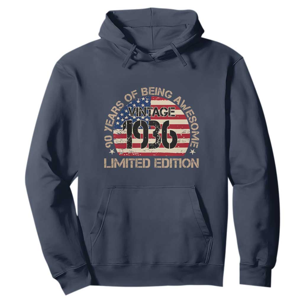 90th Birthday Hoodie Vintage 1936 90 Year Old Birthday USA Flag TS10 Navy Print Your Wear