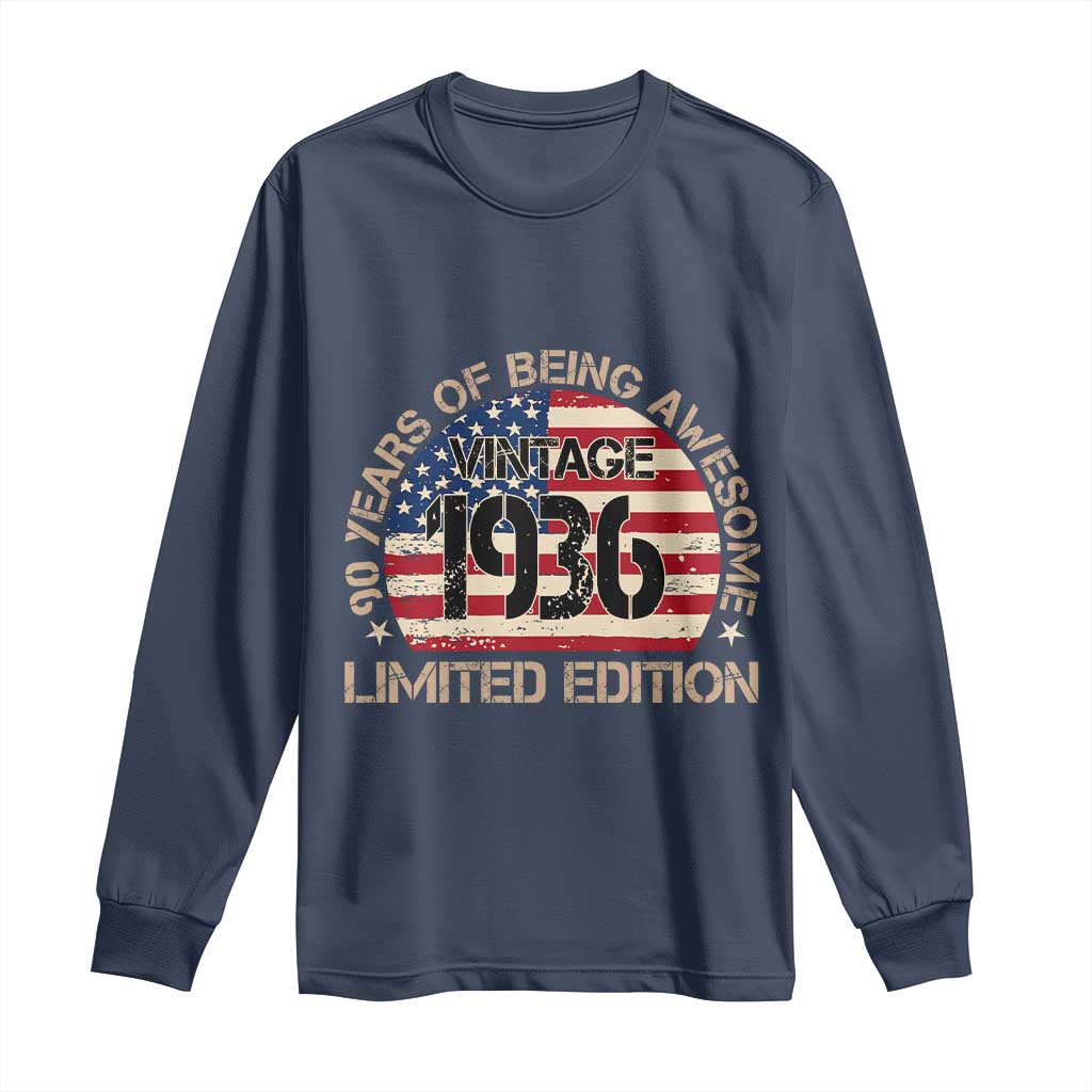 90th Birthday Long Sleeve Shirt Vintage 1936 90 Year Old Birthday USA Flag TS10 Navy Print Your Wear