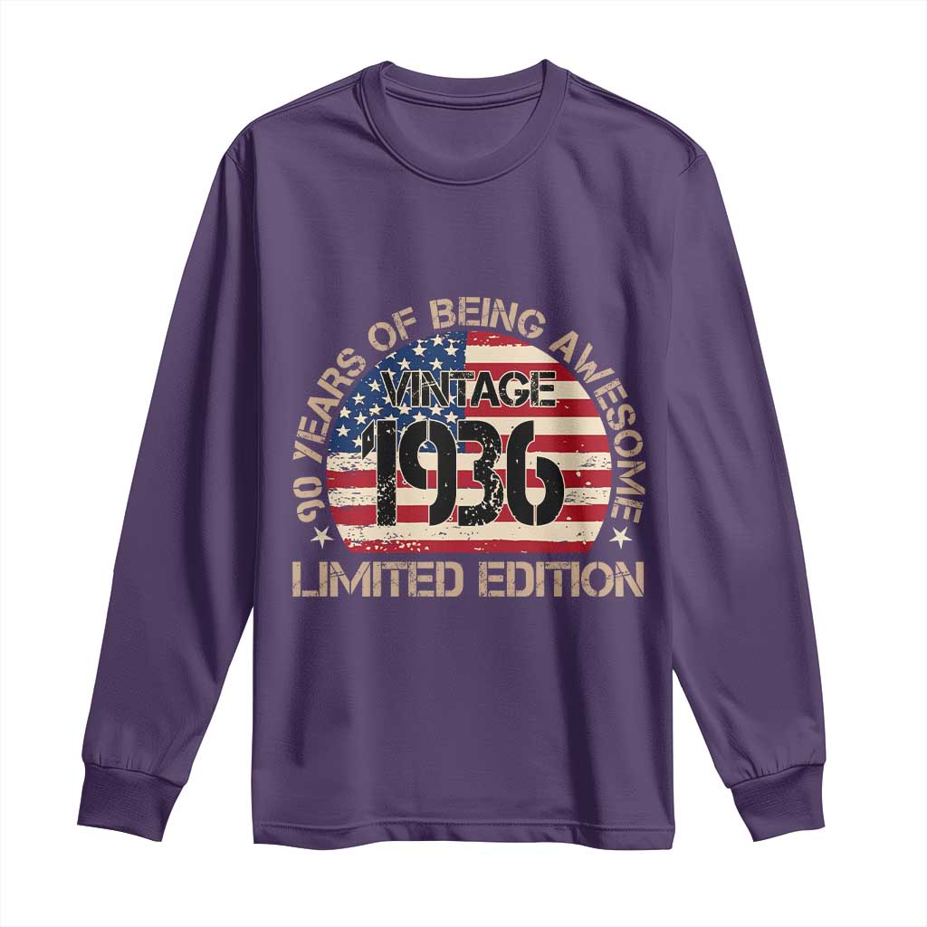 90th Birthday Long Sleeve Shirt Vintage 1936 90 Year Old Birthday USA Flag TS10 Purple Print Your Wear