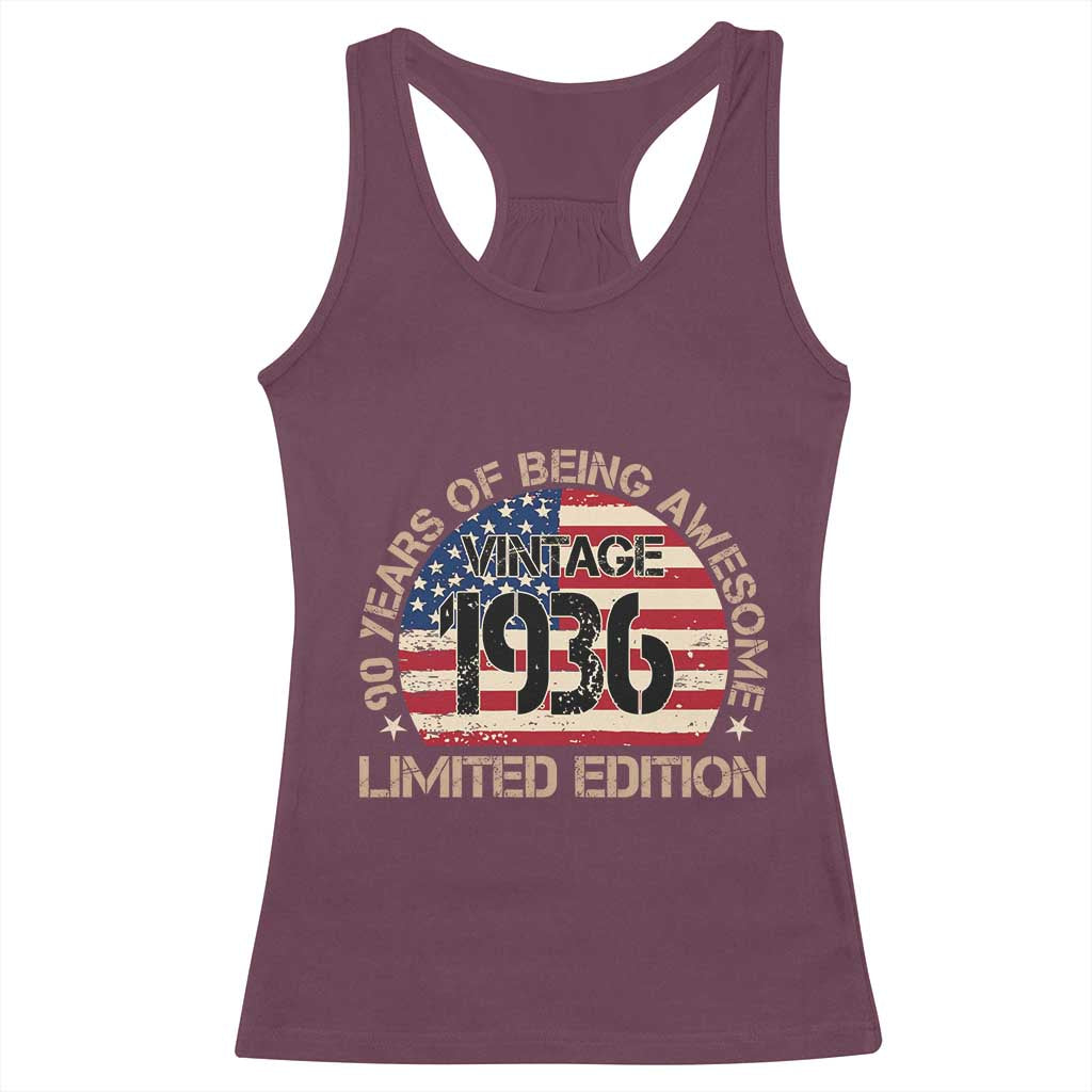 90th Birthday Racerback Tank Top Vintage 1936 90 Year Old Birthday USA Flag TS10 Maroon Print Your Wear