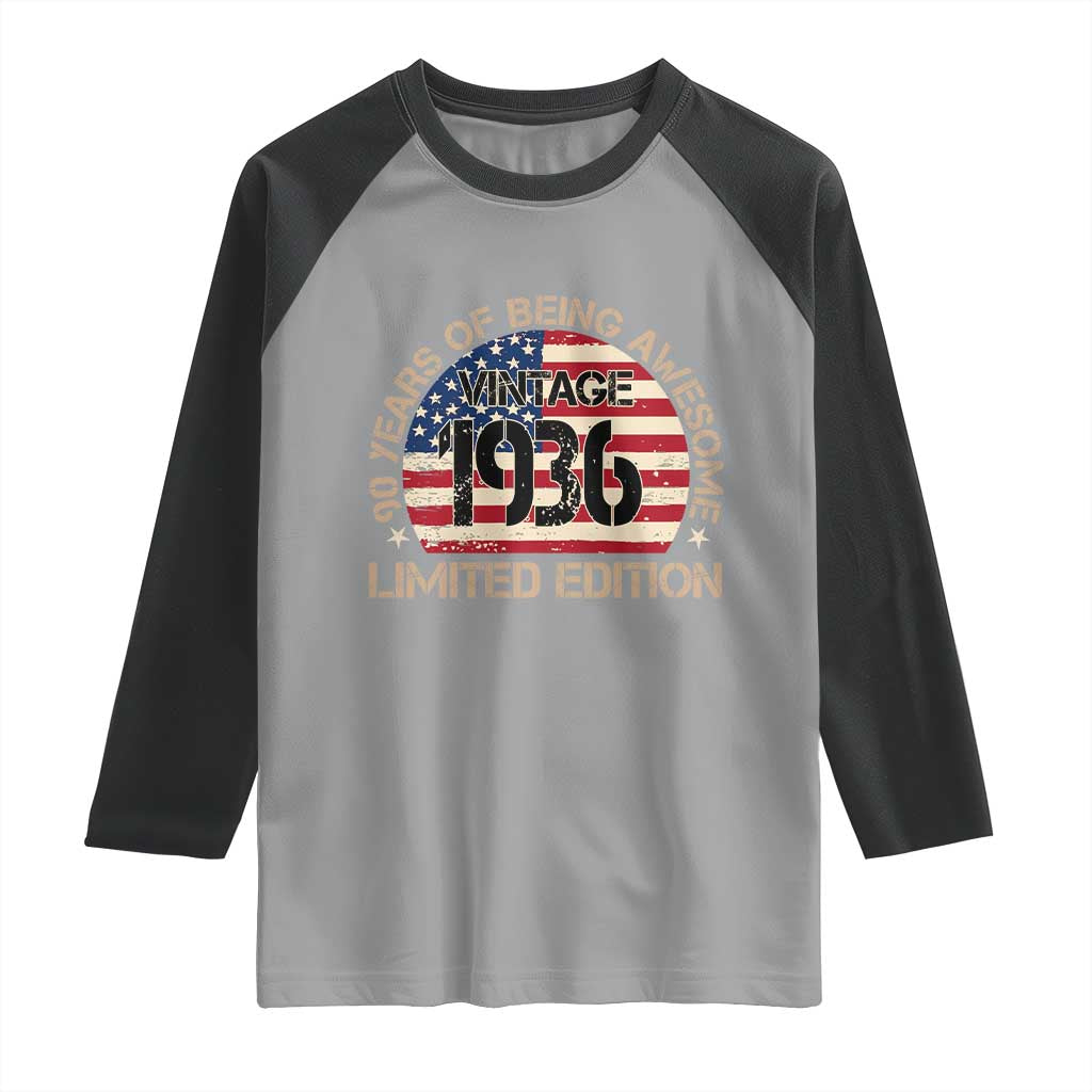 90th Birthday Raglan Shirt Vintage 1936 90 Year Old Birthday USA Flag TS10 Sport Gray Black Print Your Wear