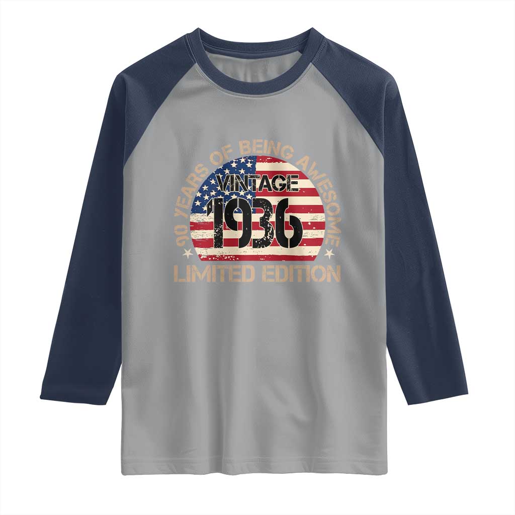 90th Birthday Raglan Shirt Vintage 1936 90 Year Old Birthday USA Flag TS10 Sport Gray Navy Print Your Wear