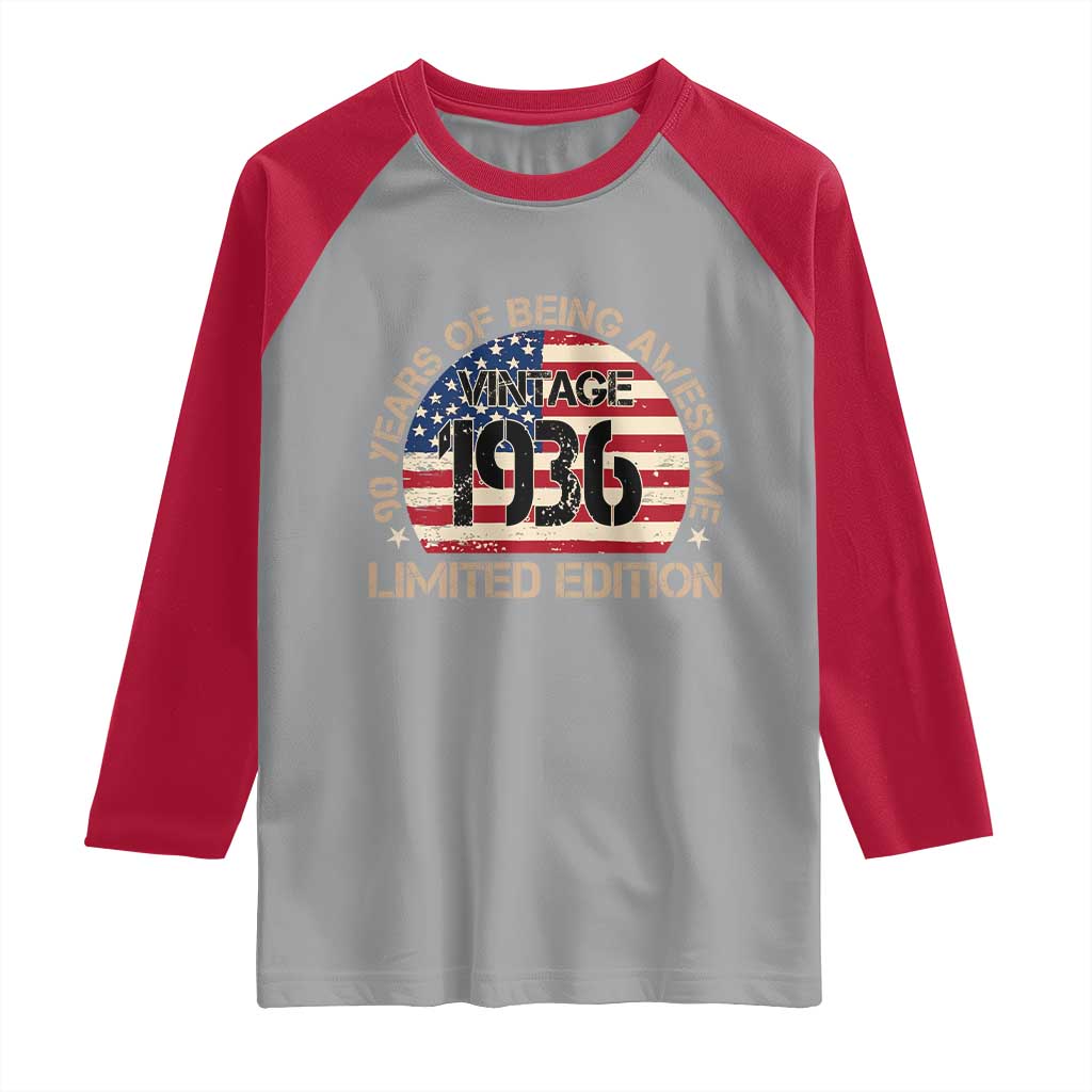 90th Birthday Raglan Shirt Vintage 1936 90 Year Old Birthday USA Flag TS10 Sport Gray Red Print Your Wear