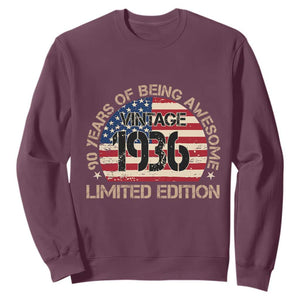 90th Birthday Sweatshirt Vintage 1936 90 Year Old Birthday USA Flag TS10 Maroon Print Your Wear