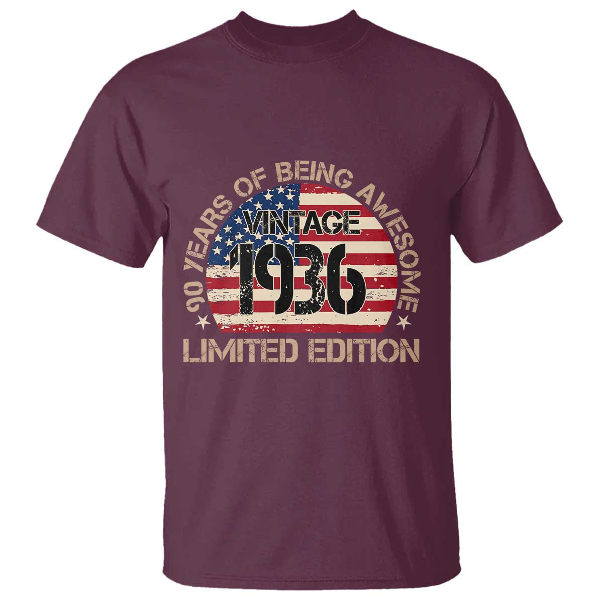 90th Birthday T Shirt - Vintage 1936 - 90 Year Old Birthday USA Flag TS10 Maroon Print Your Wear