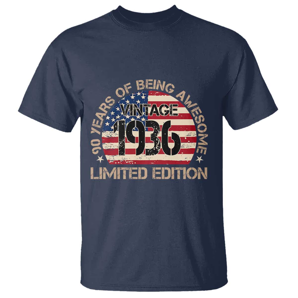 90th Birthday T Shirt - Vintage 1936 - 90 Year Old Birthday USA Flag TS10 Navy Print Your Wear