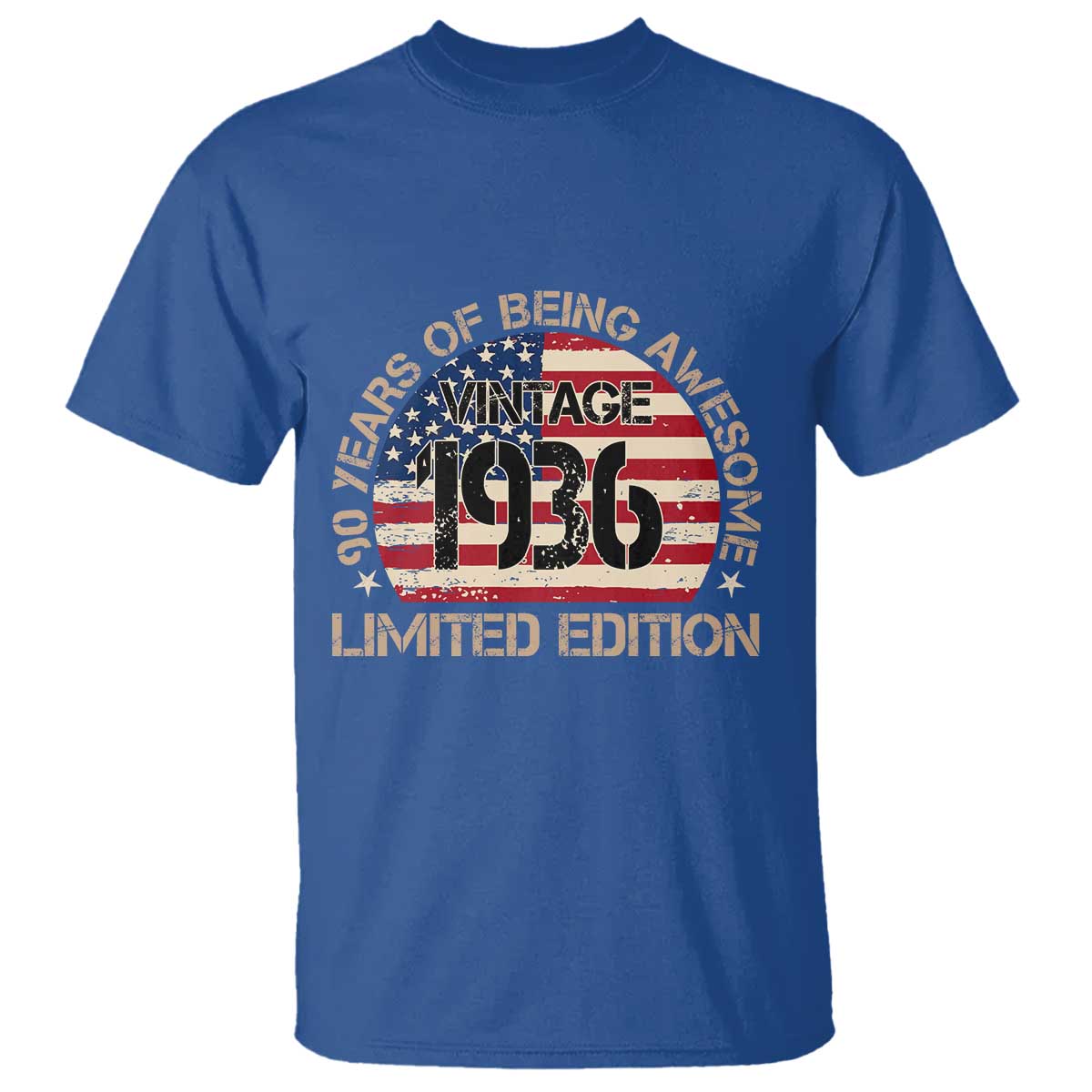 90th Birthday T Shirt - Vintage 1936 - 90 Year Old Birthday USA Flag TS10 Royal Blue Print Your Wear
