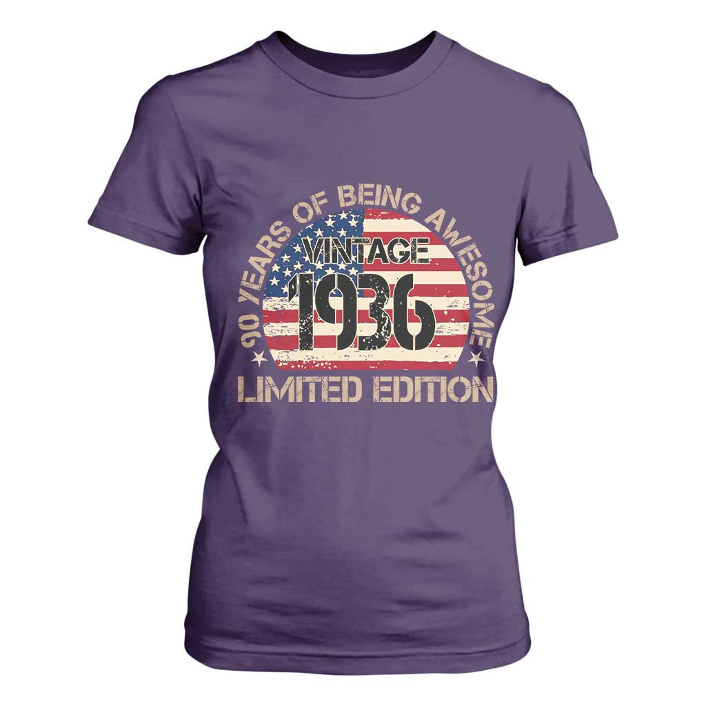 90th Birthday T Shirt For Women Vintage 1936 90 Year Old Birthday USA Flag TS10 Purple Print Your Wear