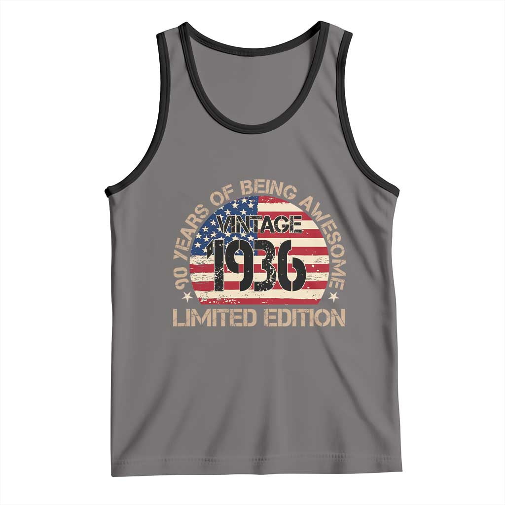 90th Birthday Tank Top Vintage 1936 90 Year Old Birthday USA Flag TS10 Deep Heather Black Print Your Wear