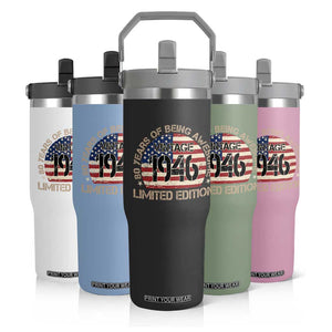 80th Birthday Flip Straw Tumbler Vintage 1946 80 Year Old Birthday USA Flag TS10 Print Your Wear