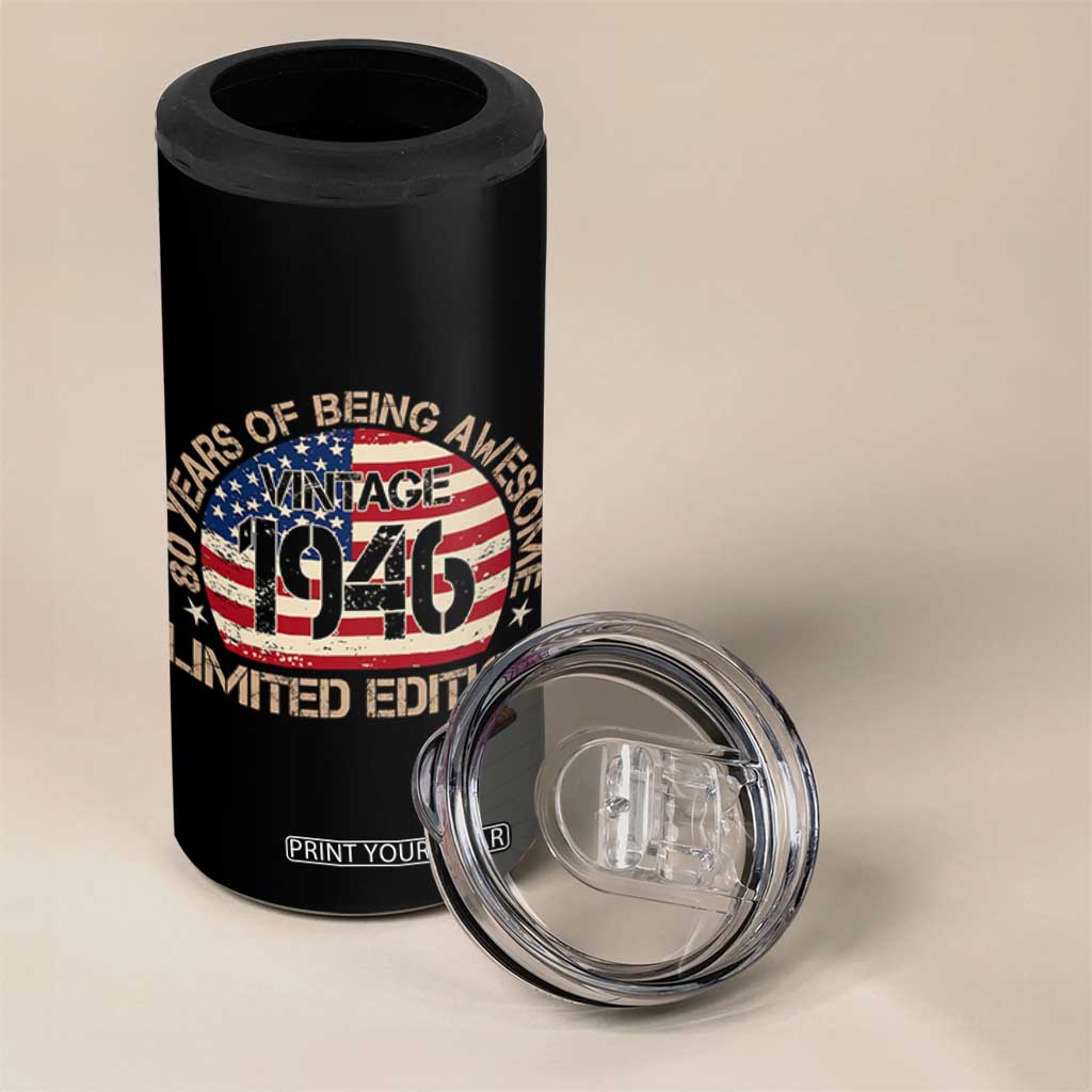 80th Birthday 4 in 1 Can Cooler Tumbler Vintage 1946 80 Year Old Birthday USA Flag TS10 Print Your Wear