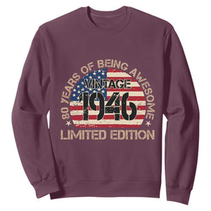 80th Birthday Sweatshirt Vintage 1946 80 Year Old Birthday USA Flag TS10 Maroon Print Your Wear