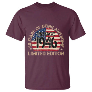 80th Birthday T Shirt Vintage 1946 80 Year Old Birthday USA Flag TS10 Maroon Print Your Wear