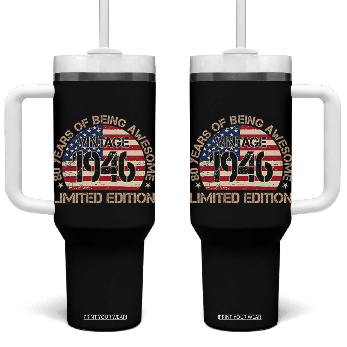 80th Birthday Tumbler With Handle Vintage 1946 80 Year Old Birthday USA Flag TS10 One Size: 40 oz Black Print Your Wear