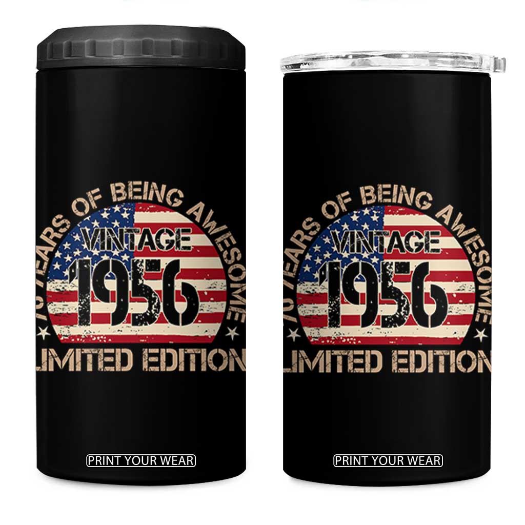 70th Birthday 4 in 1 Can Cooler Tumbler Vintage 1956 70 Year Old Birthday USA Flag TS10 One Size: 16 oz Black Print Your Wear