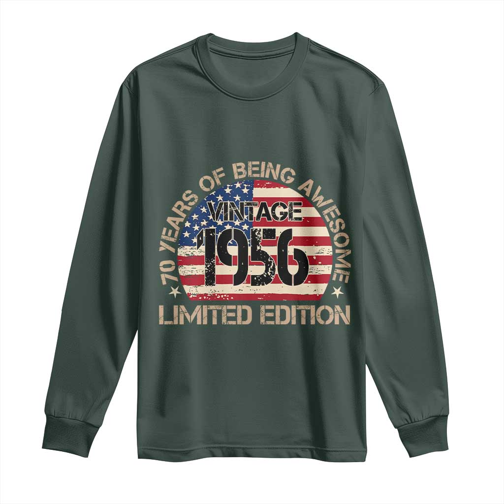 70th Birthday Long Sleeve Shirt Vintage 1956 70 Year Old Birthday USA Flag TS10 Dark Forest Green Print Your Wear