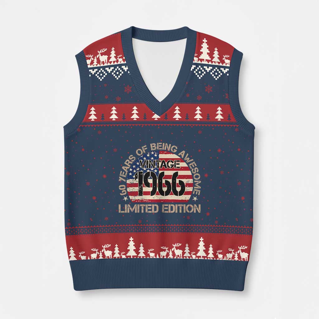 60th Birthday V-Neck Knit Sweater Vest Vintage 1966 60 Year Old Birthday USA Flag TS10 Navy Red Print Your Wear