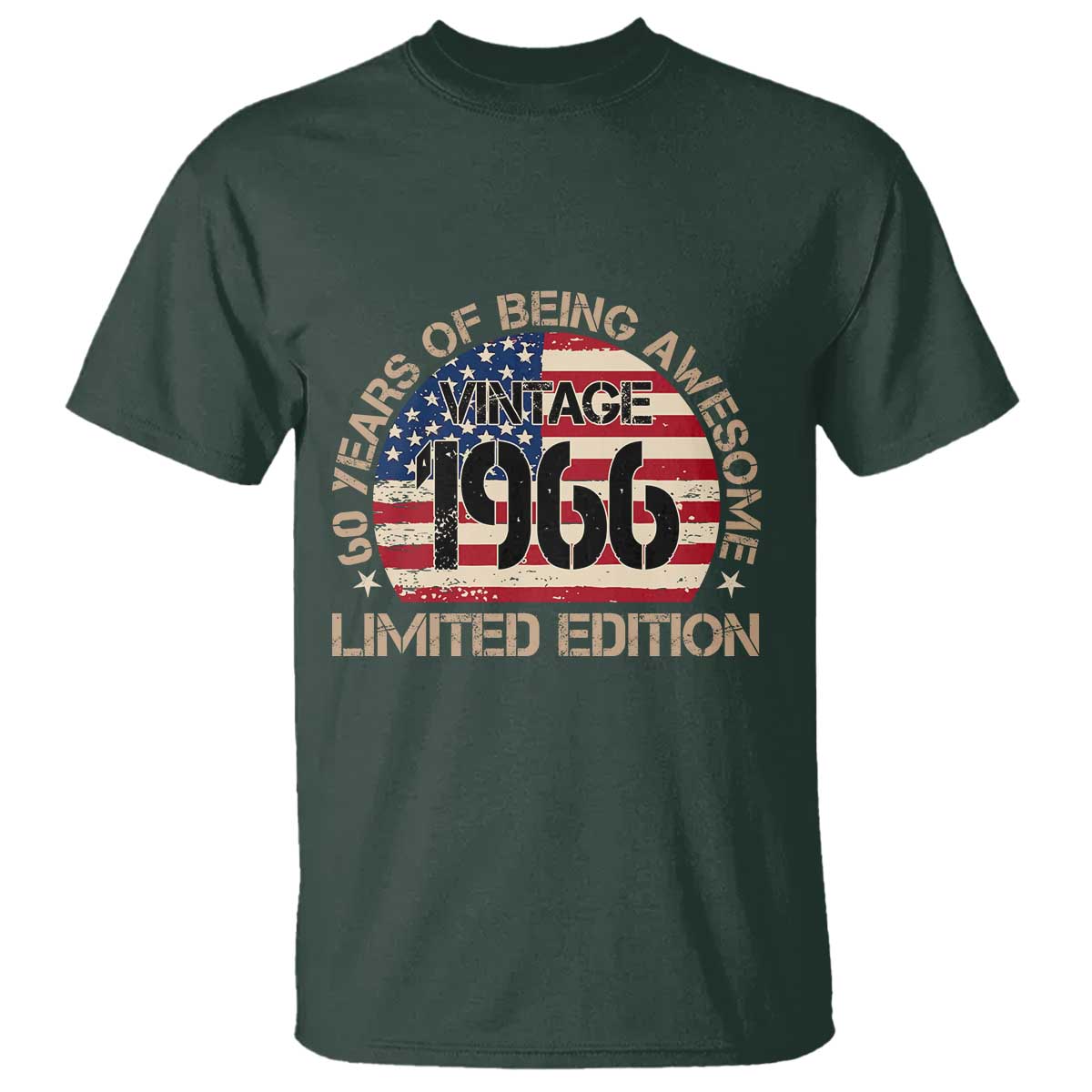 60th Birthday T Shirt - Vintage 1966 - 60 Year Old Birthday USA Flag TS10 Dark Forest Green Print Your Wear