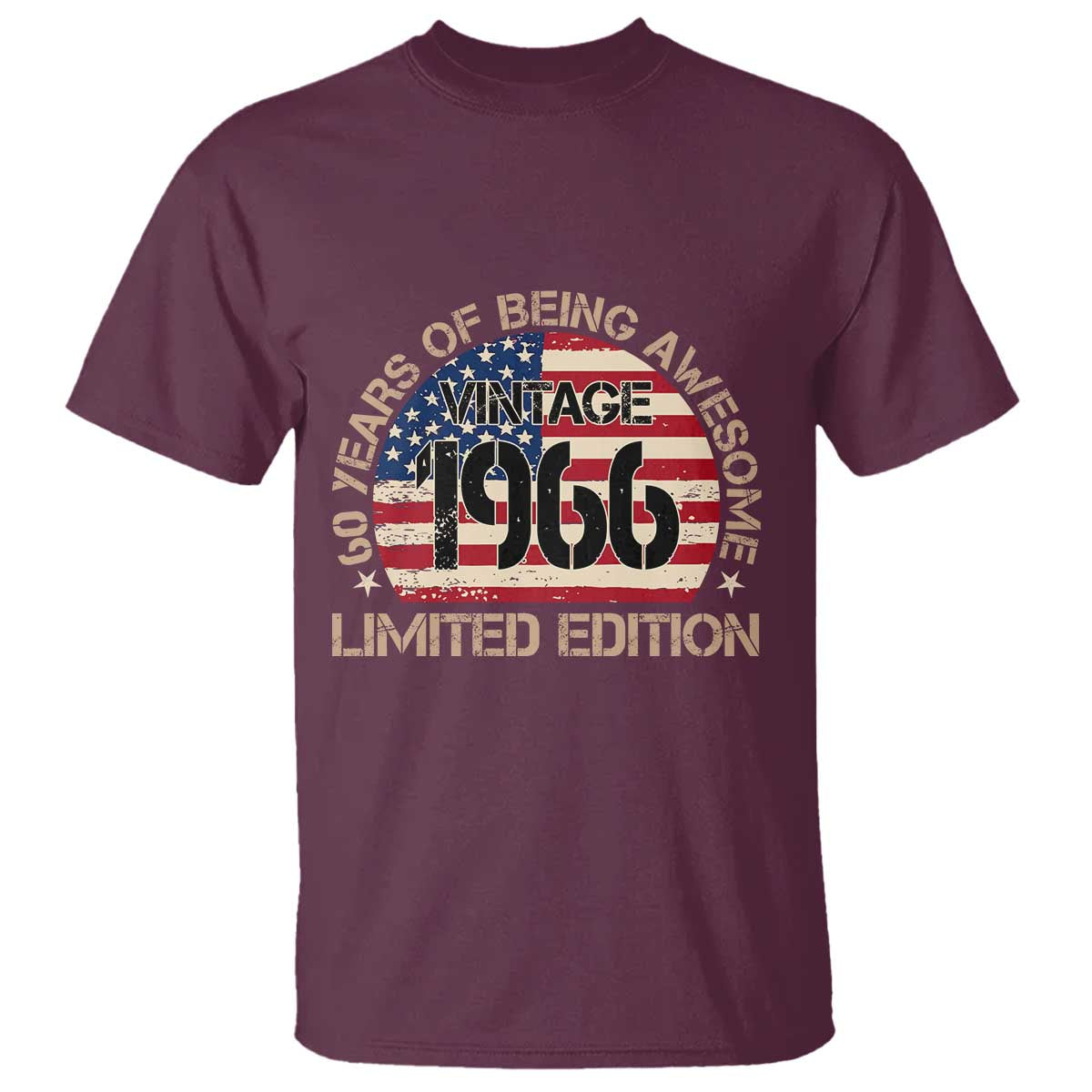 60th Birthday T Shirt - Vintage 1966 - 60 Year Old Birthday USA Flag TS10 Maroon Print Your Wear