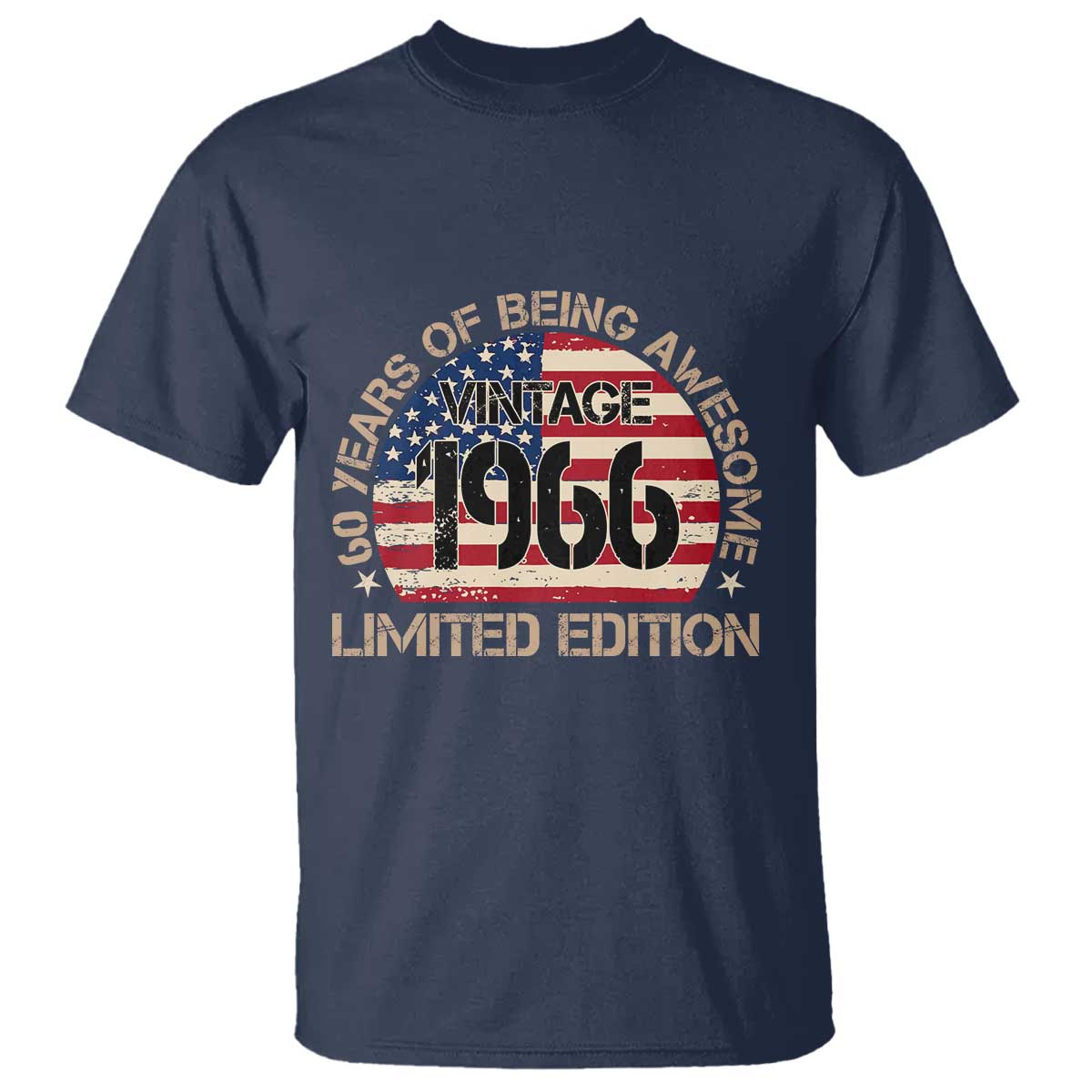 60th Birthday T Shirt - Vintage 1966 - 60 Year Old Birthday USA Flag TS10 Navy Print Your Wear