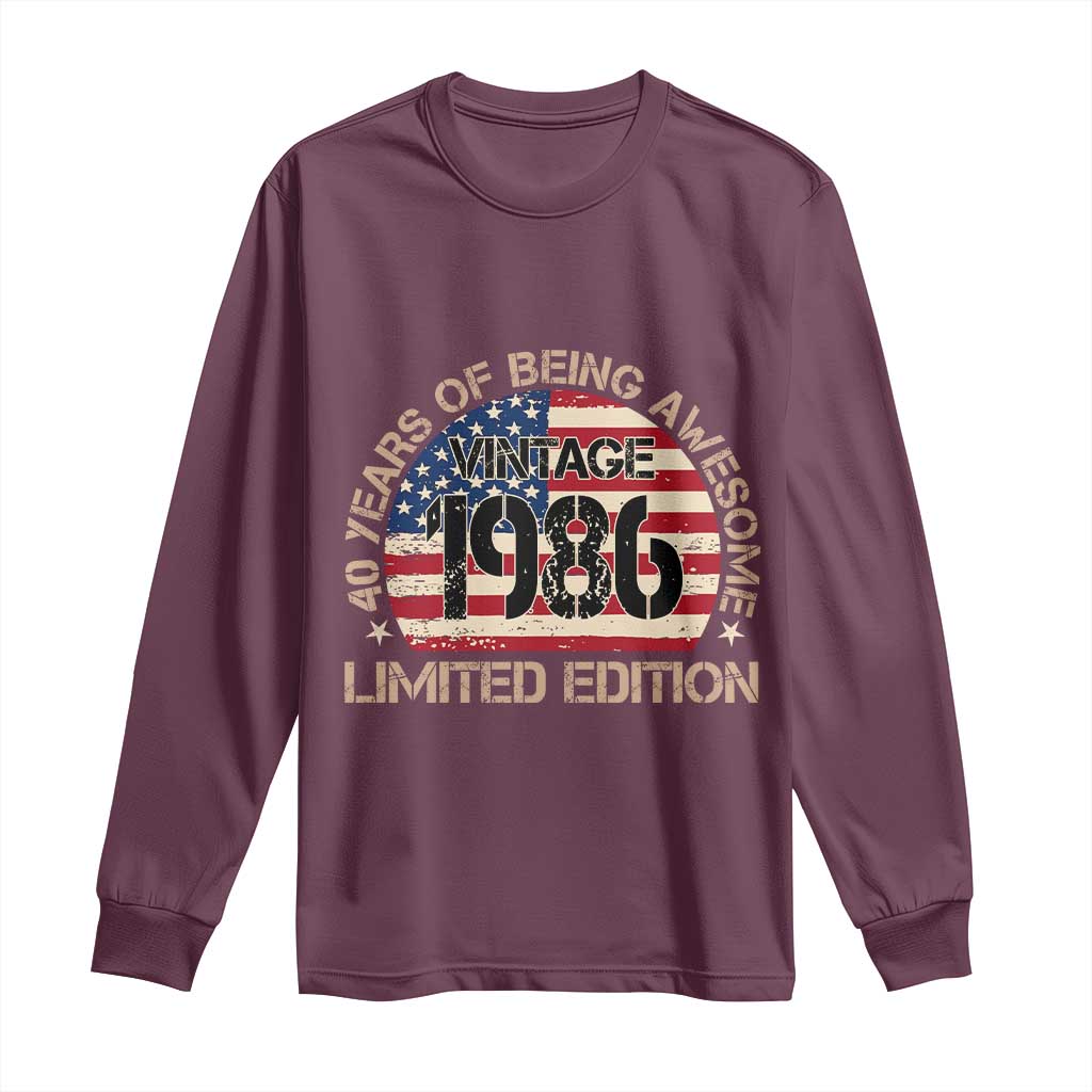 40th Birthday Long Sleeve Shirt Vintage 1986 40 Year Old Birthday USA Flag TS10 Maroon Print Your Wear