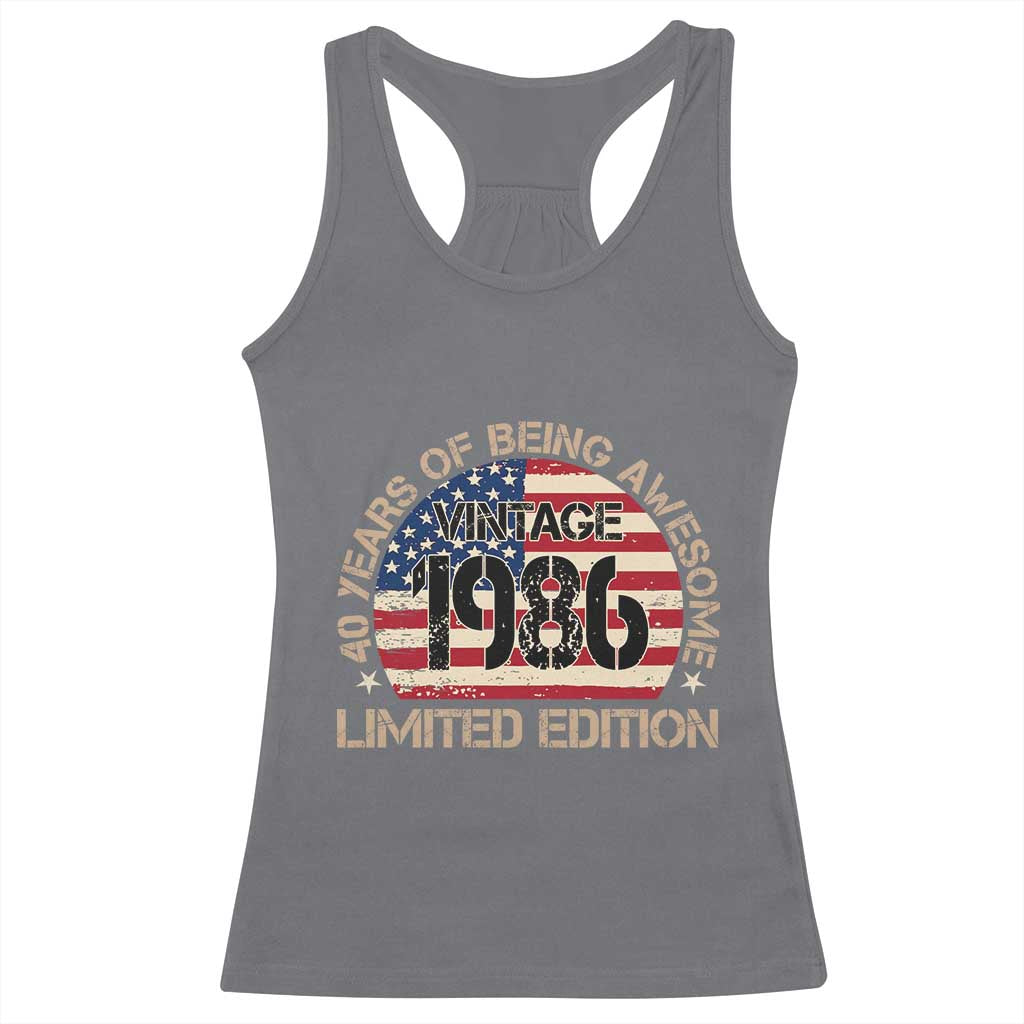 40th Birthday Racerback Tank Top Vintage 1986 40 Year Old Birthday USA Flag TS10 Charcoal Print Your Wear