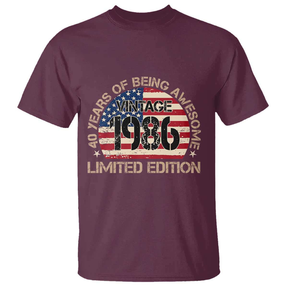 40th Birthday T Shirt - Vintage 1986 - 40 Year Old Birthday USA Flag TS10 Maroon Print Your Wear
