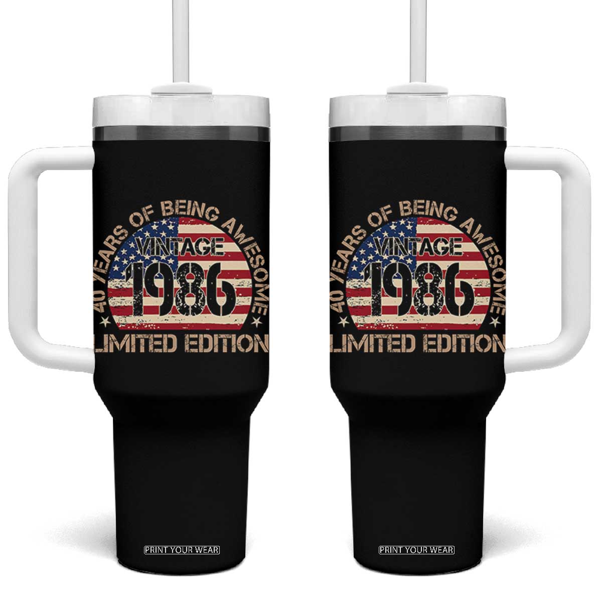 40th Birthday Tumbler With Handle Vintage 1986 40 Year Old Birthday USA Flag TS10 One Size: 40 oz Black Print Your Wear