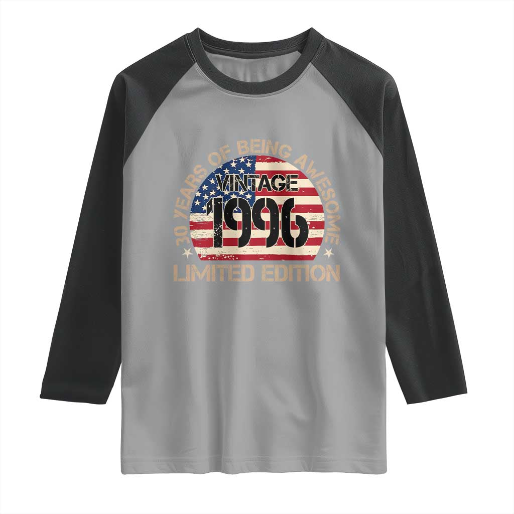 30th Birthday Raglan Shirt Vintage 1996 30 Year Old Birthday USA Flag TS10 Sport Gray Black Print Your Wear