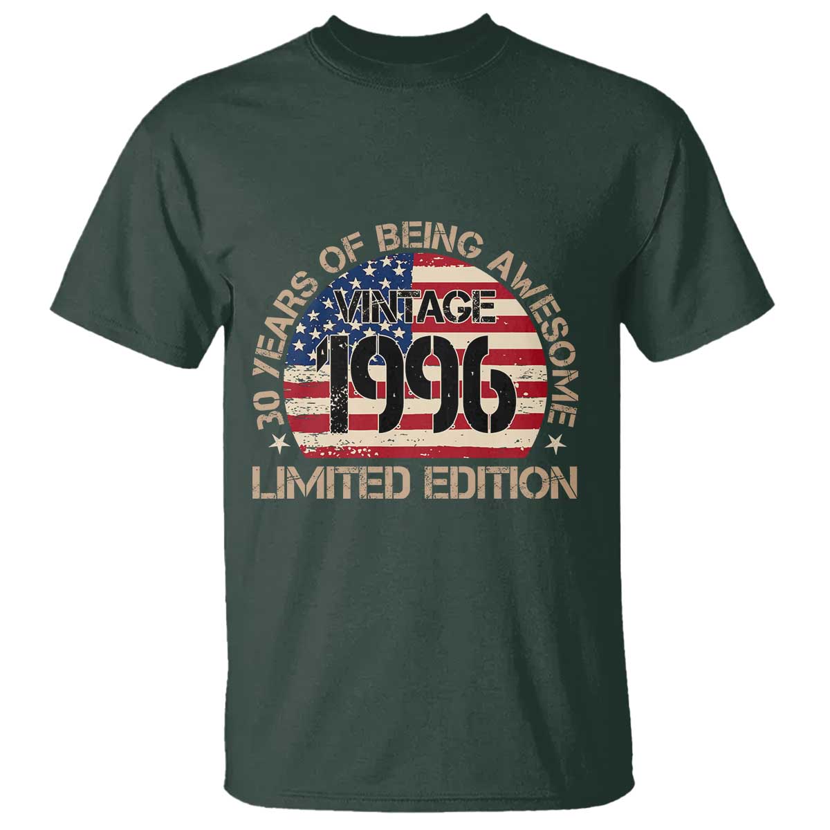 30th Birthday T Shirt - Vintage 1996 - 30 Year Old Birthday USA Flag TS10 Dark Forest Green Print Your Wear