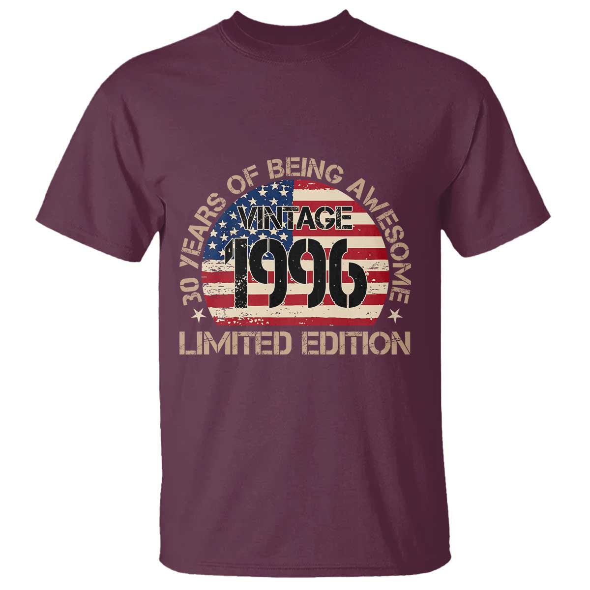 30th Birthday T Shirt - Vintage 1996 - 30 Year Old Birthday USA Flag TS10 Maroon Print Your Wear