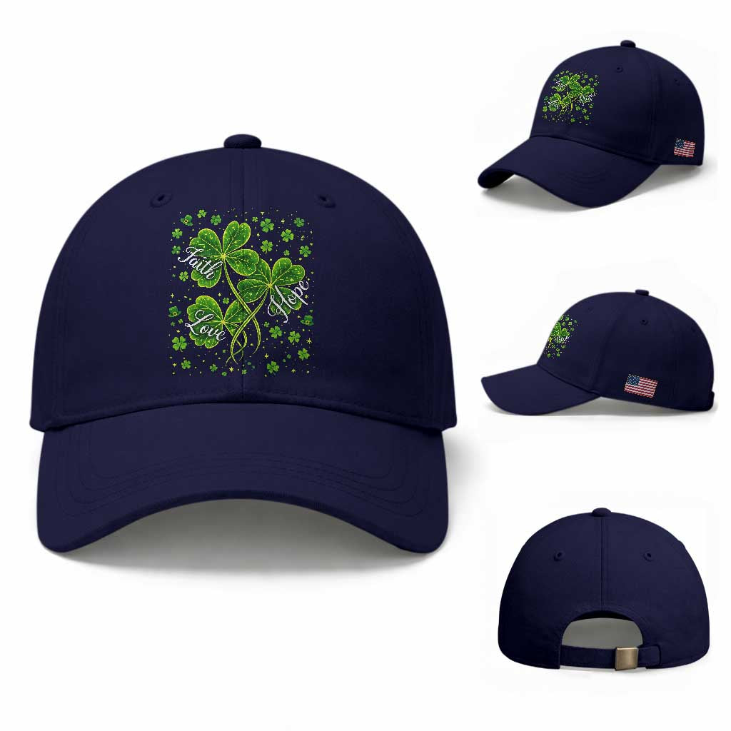 Four Leaf Clover Christian Baseball Cap Irish Lucky Shamrock Faith Hope Love Religious TS10 Baseball Cap Universal Fit Dark Blue Print Your Wear