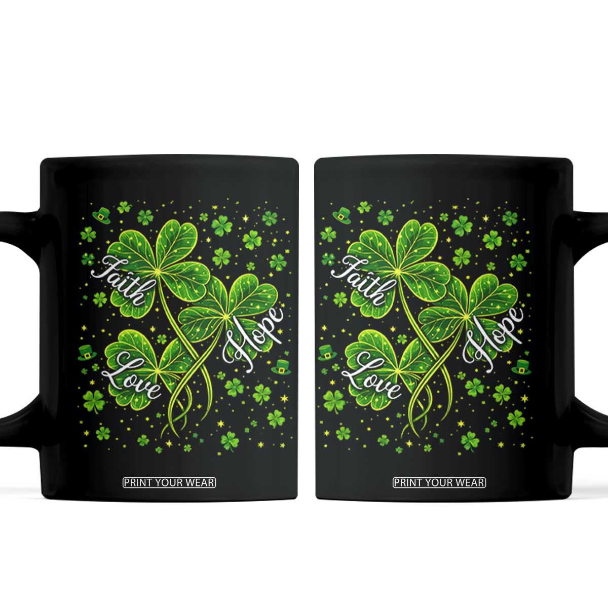 Four Leaf Clover Christian Coffee Mug Irish Lucky Shamrock Faith Hope Love Religious TS10 Black Print Your Wear