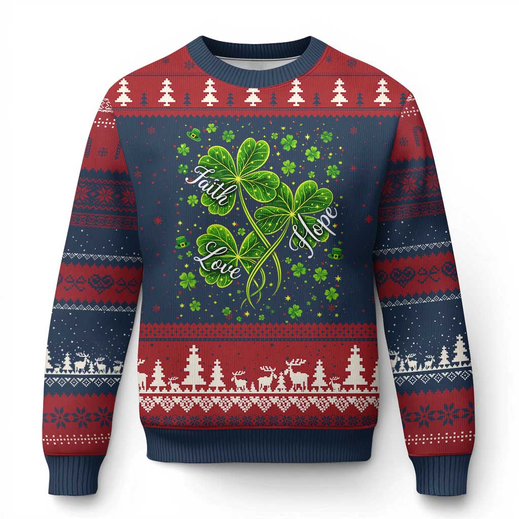 Four Leaf Clover Christian Ugly Christmas Sweater Irish Lucky Shamrock Faith Hope Love Religious TS10 Navy Red Print Your Wear
