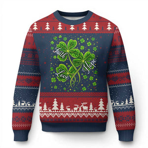 Four Leaf Clover Christian Ugly Christmas Sweater Irish Lucky Shamrock Faith Hope Love Religious TS10 Navy Red Print Your Wear
