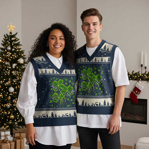 Four Leaf Clover Christian V-Neck Knit Sweater Vest Irish Lucky Shamrock Faith Hope Love Religious TS10 Navy Beige Print Your Wear