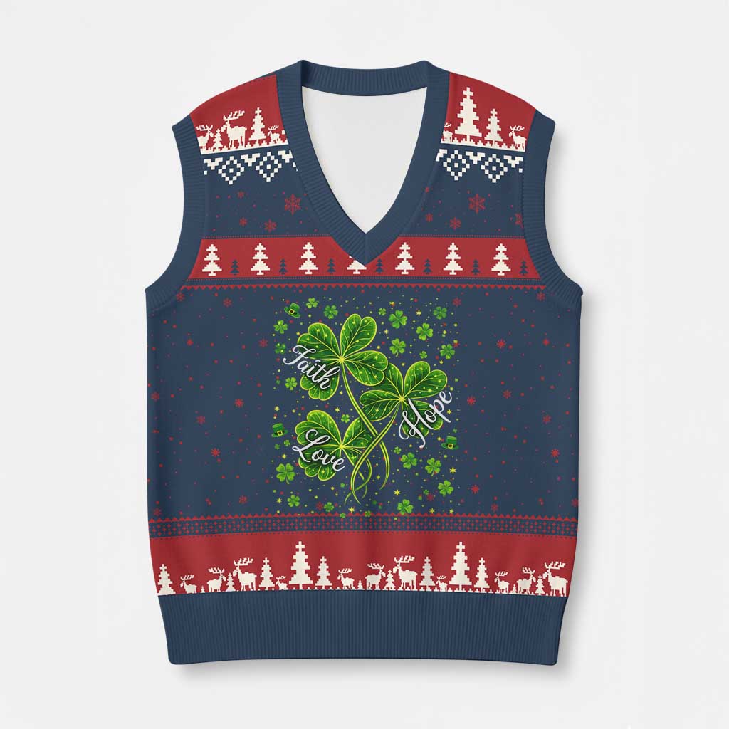 Four Leaf Clover Christian V-Neck Knit Sweater Vest Irish Lucky Shamrock Faith Hope Love Religious TS10 Navy Red Print Your Wear