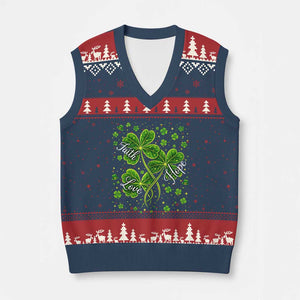 Four Leaf Clover Christian V-Neck Knit Sweater Vest Irish Lucky Shamrock Faith Hope Love Religious TS10 Navy Red Print Your Wear