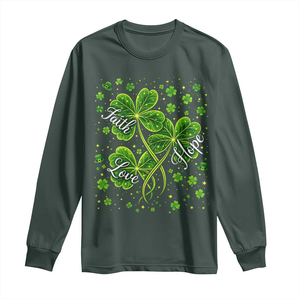 Four Leaf Clover Christian Long Sleeve Shirt Irish Lucky Shamrock Faith Hope Love Religious TS10 Dark Forest Green Print Your Wear