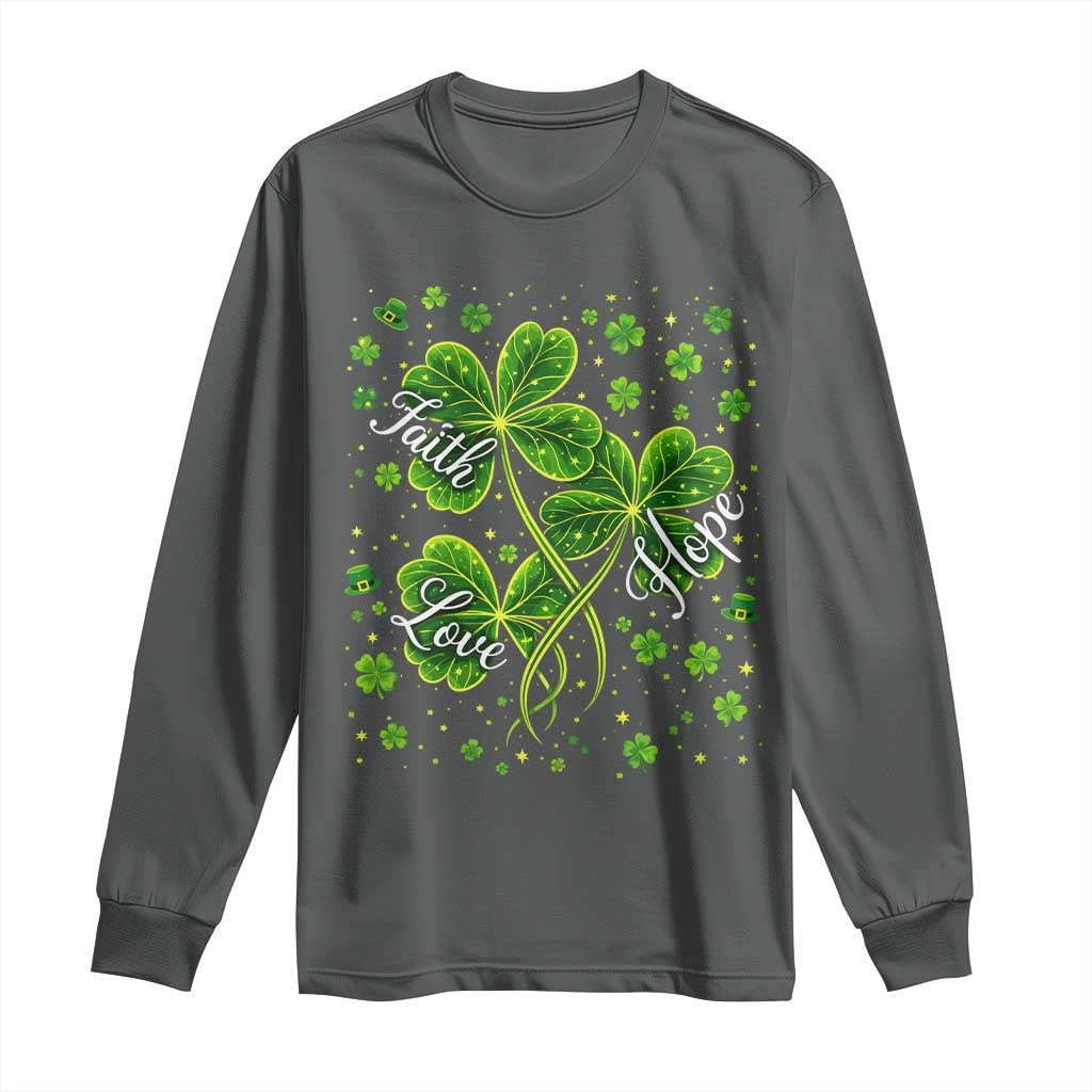 Four Leaf Clover Christian Long Sleeve Shirt Irish Lucky Shamrock Faith Hope Love Religious TS10 Dark Heather Print Your Wear