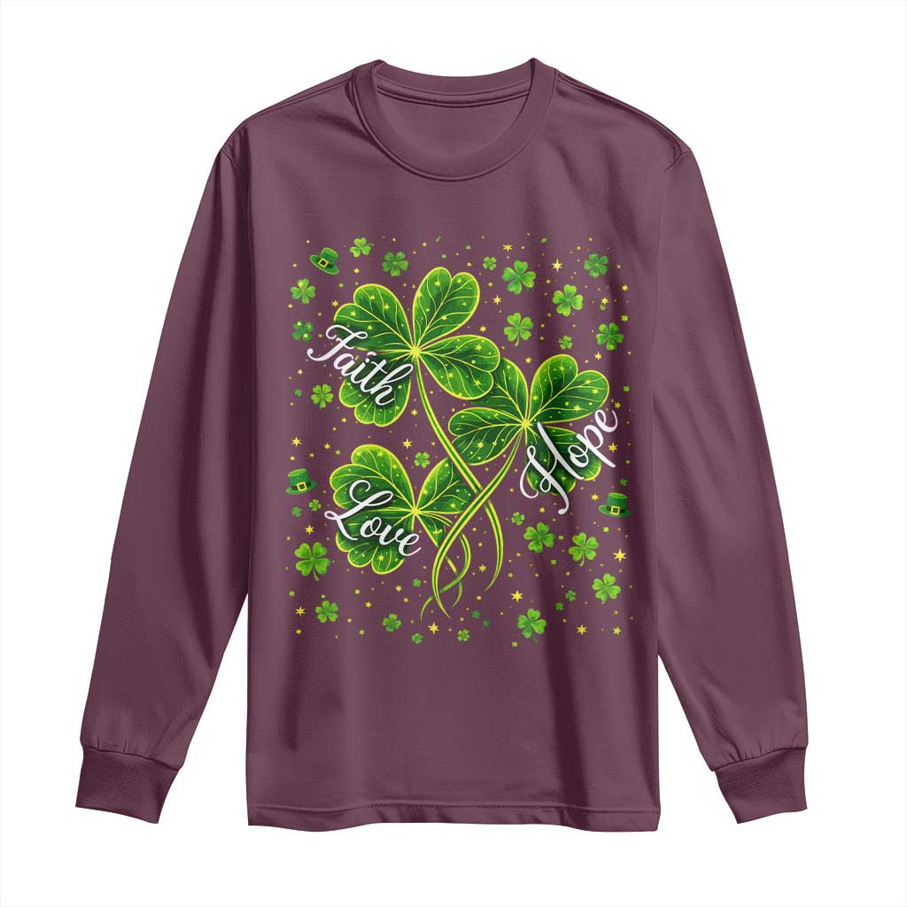 Four Leaf Clover Christian Long Sleeve Shirt Irish Lucky Shamrock Faith Hope Love Religious TS10 Maroon Print Your Wear