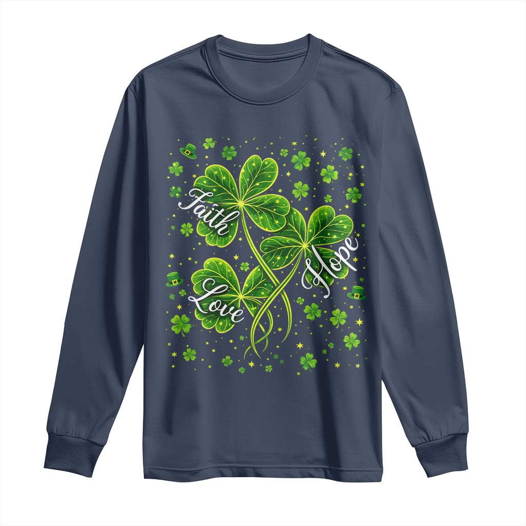 Four Leaf Clover Christian Long Sleeve Shirt Irish Lucky Shamrock Faith Hope Love Religious TS10 Navy Print Your Wear