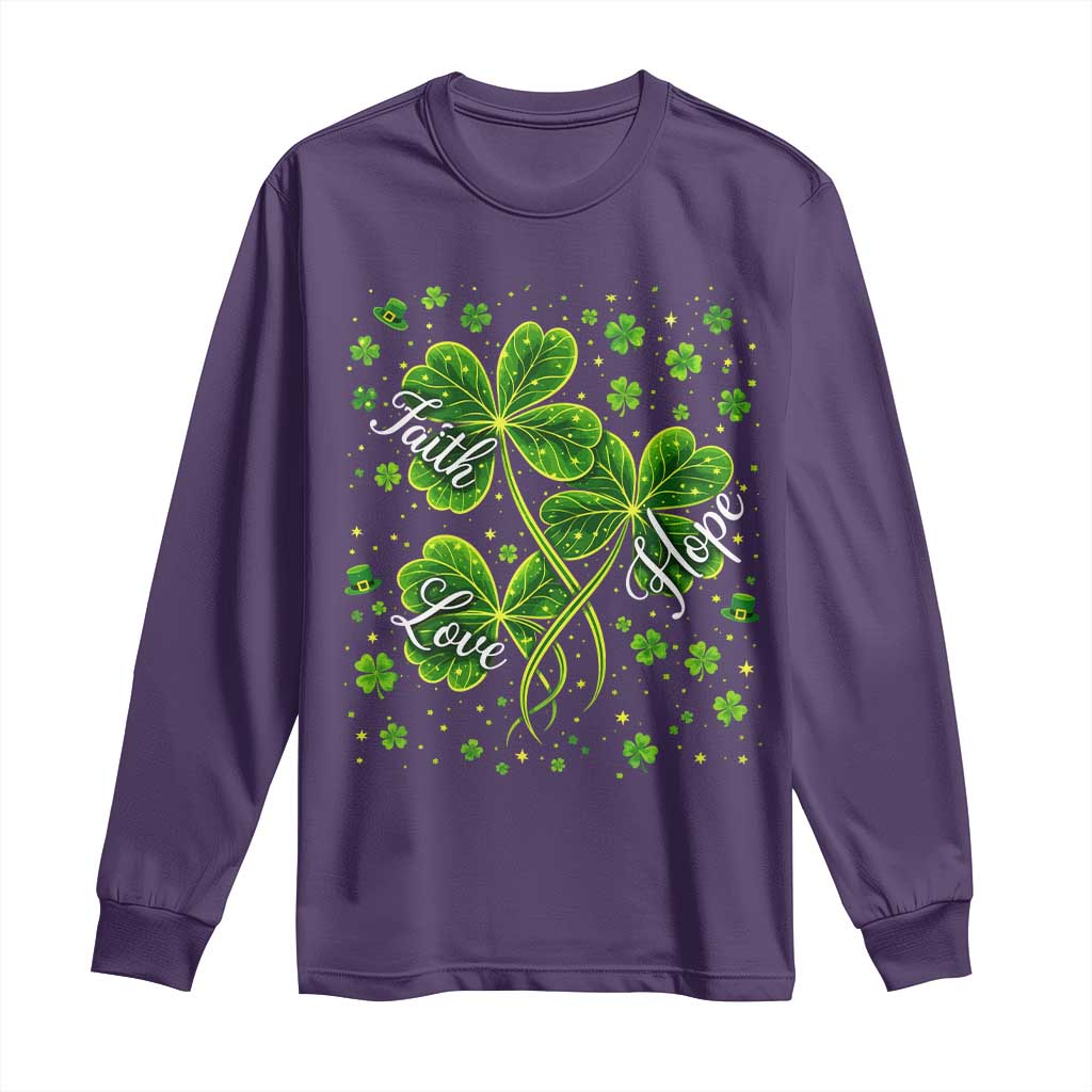Four Leaf Clover Christian Long Sleeve Shirt Irish Lucky Shamrock Faith Hope Love Religious TS10 Purple Print Your Wear