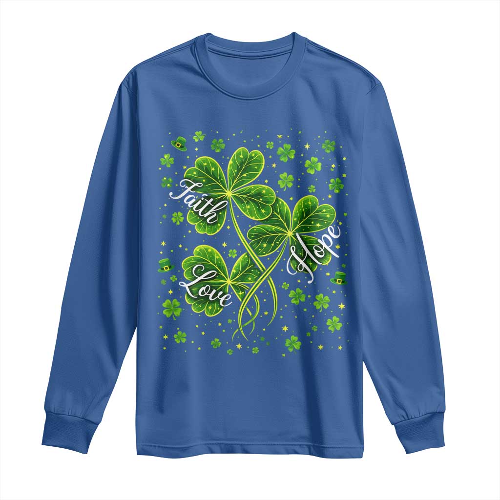 Four Leaf Clover Christian Long Sleeve Shirt Irish Lucky Shamrock Faith Hope Love Religious TS10 Royal Blue Print Your Wear